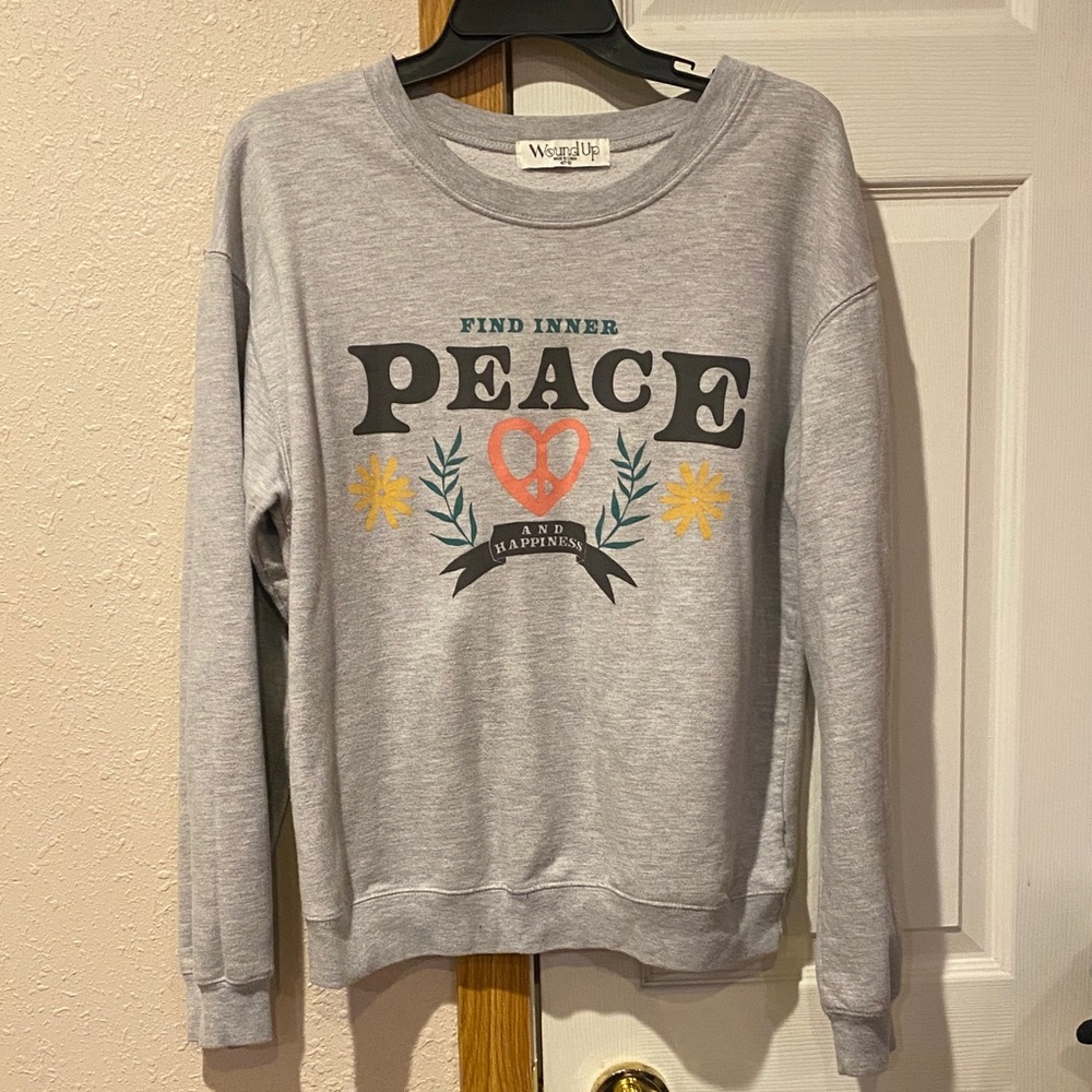 Wound Up Gray Crew Neck Sweater with Peace Graphic